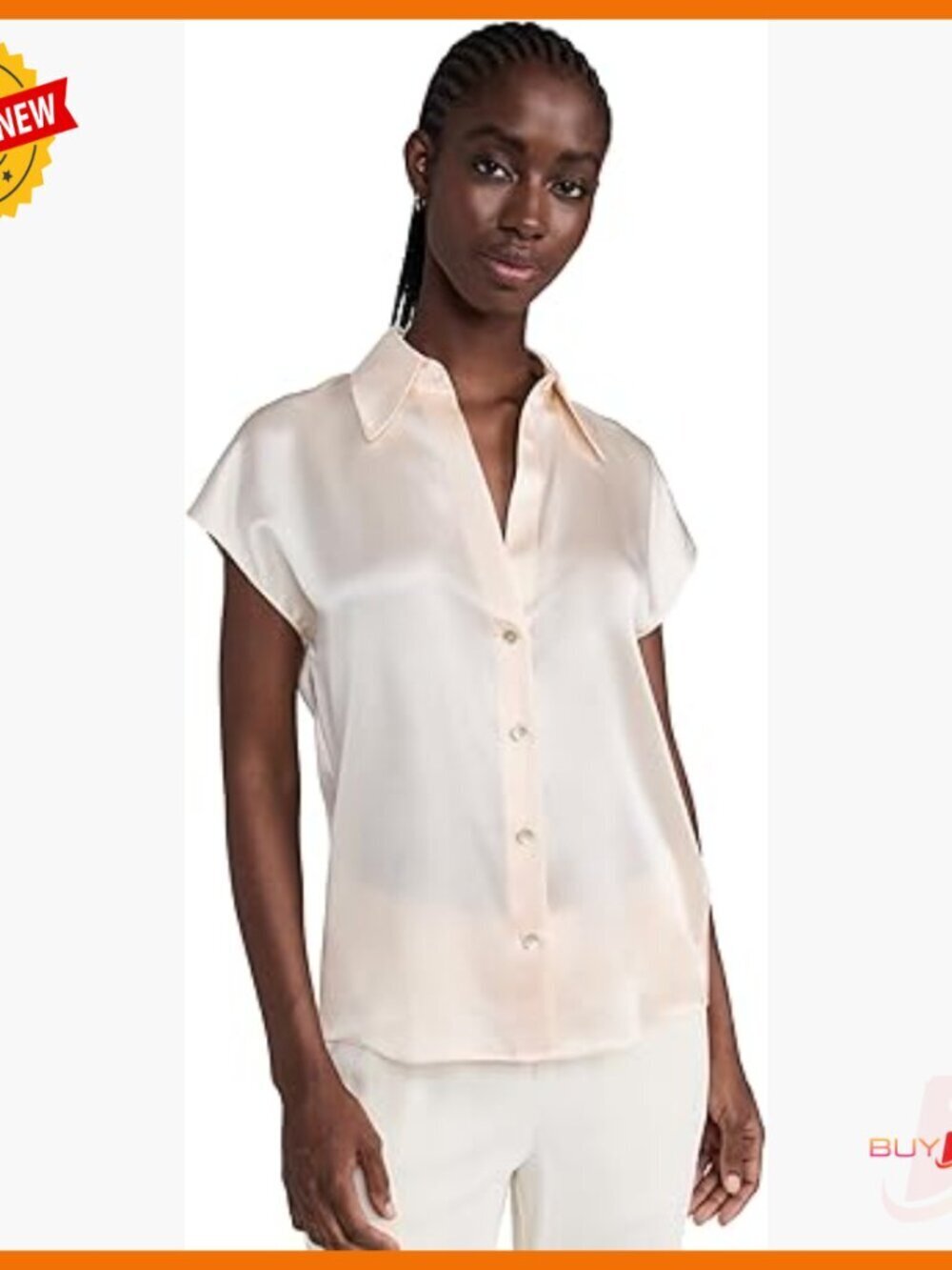 Silk Button-Down Blouse Cap Sleeve Ruched Back Classic Fit